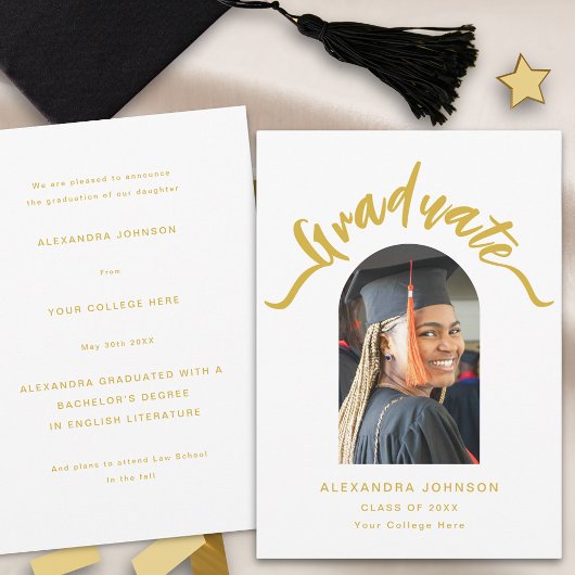 Moderner Graduate Foto Arch Gold Script Abschluss Ankündigung