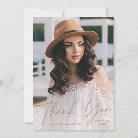 Moderner Graduate Gold Script Foto Abschluss Dankeskarte (Vorderseite)