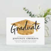 Moderner Graduate Metallic Gold Grad Cap Abschluss Ankündigung (Stehend Vorderseite)