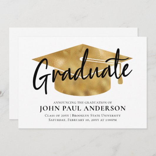 Moderner Graduate Metallic Gold Grad Cap Abschluss Ankündigung (Vorne/Hinten)