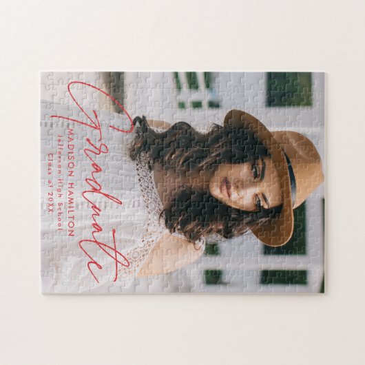 Moderner Graduate Red Script Foto Abschluss Puzzle (Horizontal)