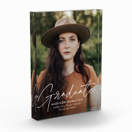 Moderner Graduate White Script Abschluss Fotoblock (Links)