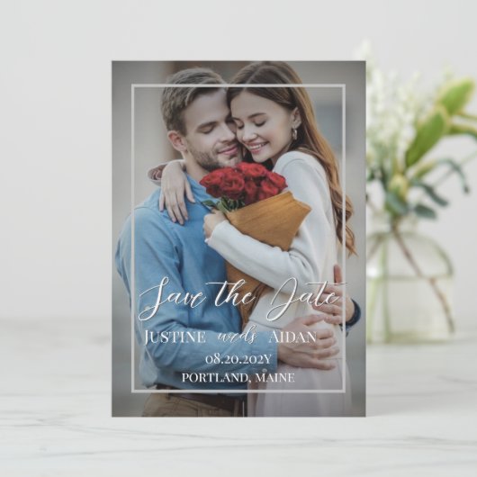 Moderner Grau-Schatten mit Foto-Hochzeit retten da Save The Date (Stehend Vorderseite)