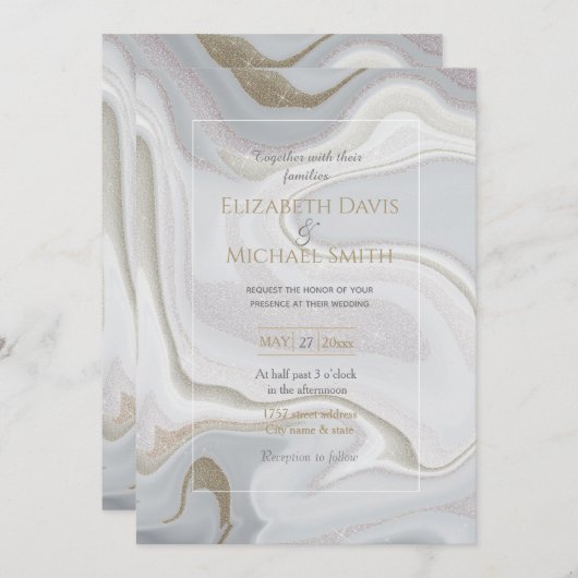 Moderner grauer Glitzer aus Marmor Einladung (Vorne/Hinten)