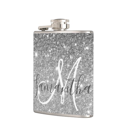 Moderner grauer Glitzer Glitzern Personalisiert Na Flachmann (Links)