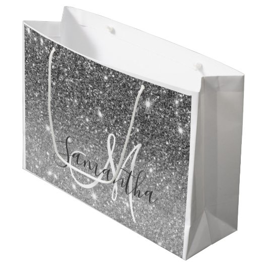 Moderner grauer Glitzer Glitzern Personalisiert Na Große Geschenktüte (Vorderseite Schrägansicht)