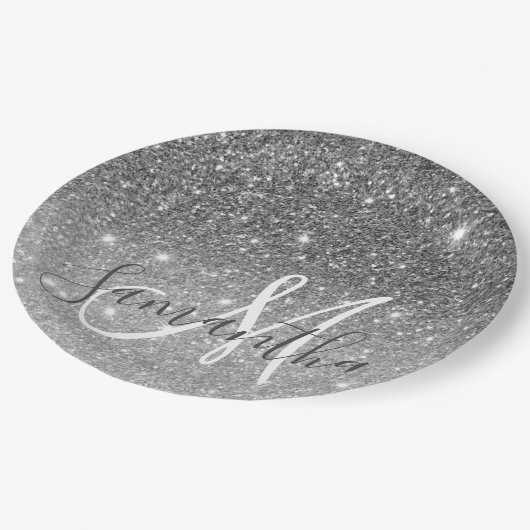 Moderner grauer Glitzer Glitzern Personalisiert Na Pappteller (Schrägansicht)