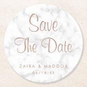 Moderner grauer Marmor mit Rose Gold Save the Date Runder Pappuntersetzer (Vorderseite)
