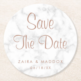 Moderner grauer Marmor mit Rose Gold Save the Date Runder Pappuntersetzer