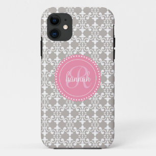 Moderner grauer und rosa Damast personalisiert iPhone 11 Hülle