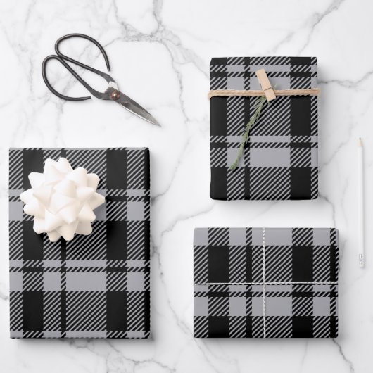 Moderner Grauer und Schwarzer Tartan Kariert Geschenkpapier Set (Vorderseite)