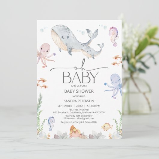 Moderner Grauwal Oh Baby unter Sea Baby Dusche Einladung (Stehend Vorderseite)