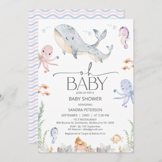 Moderner Grauwal Oh Baby unter Sea Baby Dusche Einladung (Vorne/Hinten)