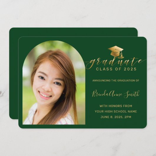 Moderner Green Gold Cap Script Arch Foto Abschluss Ankündigung (Vorne/Hinten)