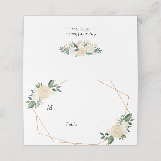 Moderner Greenery Gold Ivory Blumentisch Platzkarte (Außenseite Aufgefaltet)