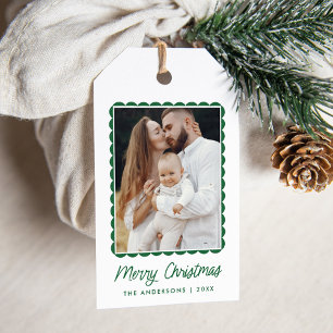 Moderner grüner gewellter Rahmen Feiertagsfoto Geschenkanhänger