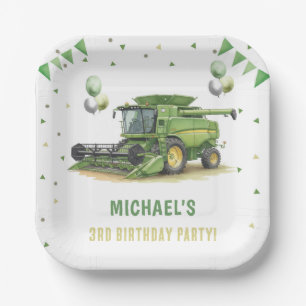 Moderner grüner Landwirtstraktor 3. Geburtstag Pappteller