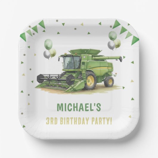 Moderner grüner Landwirtstraktor 3. Geburtstag Pappteller (Vorderseite)