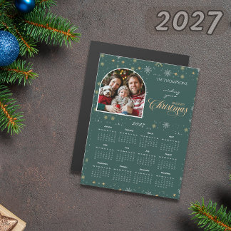 Moderner grüner Schneeflocken-Foto-Kalender 2027 Magnetkarte