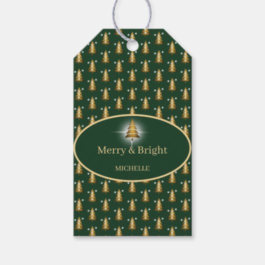Moderner grüner Weihnachtsbaum mit goldenem Glitte Geschenkanhänger (Vorderseite)