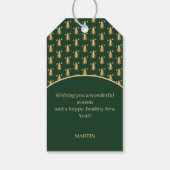 Moderner grüner Weihnachtsbaum mit goldenem Glitte Geschenkanhänger (Rückseite)