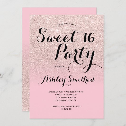 Moderner, gürtnerisch-rosa Glitzer ombre Sweet 16 Einladung (Vorne/Hinten)