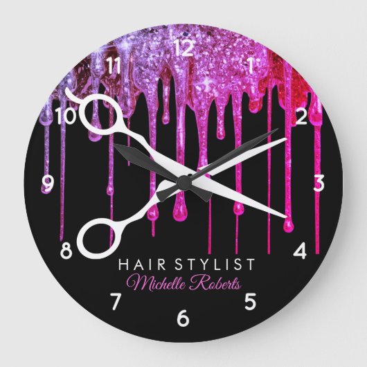 Moderner Haarstylist schwarz Pink farbenfroher Gli Große Wanduhr (Vorderseite)