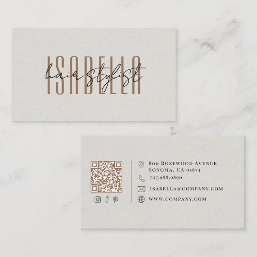 Moderner Hairstylist Faux-Leinen-Script Visitenkarte (Vorne/Hinten)