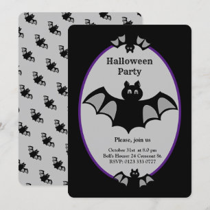 Moderner Halloween-Fledermaus auf Schwarz und Grau Einladung