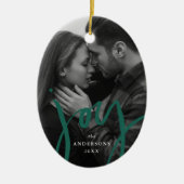 Moderner, handgeschriebener Joy Green Foto Urlaub Keramik Ornament (Vorne)