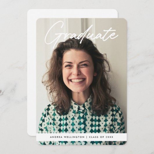 Moderner handgeschriebener Script-Foto-Abschluss Ankündigung (Vorne/Hinten)