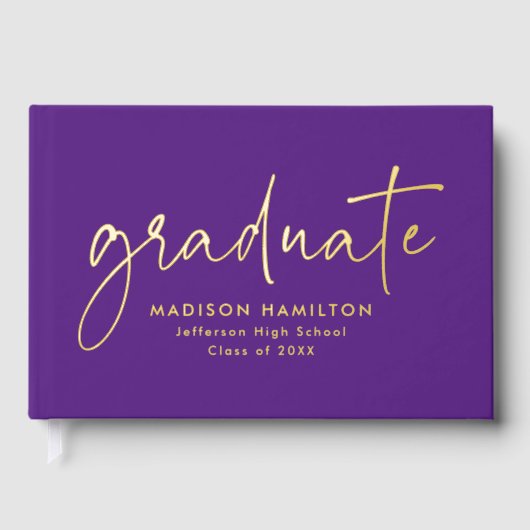 Moderner handgeschriebener Script Lila Foto Abschl Gästebuch (Vorderseite)