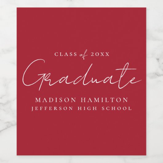 Moderner handgeschriebener Script Red Abschluss Weinetikett (Einzelnes Label)