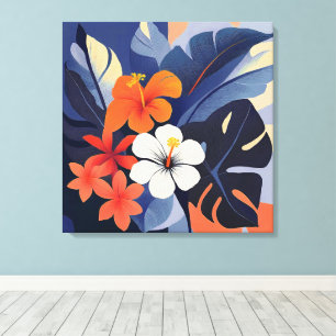 Moderner hawaiianischer Hibiskus und Plumeria aus Leinwanddruck