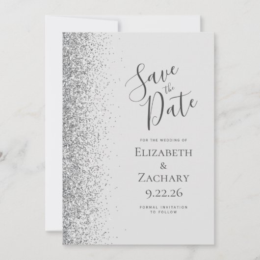 Moderner, hellgrauer Silber-Glitzer Save the Date Ankündigung (Vorderseite)