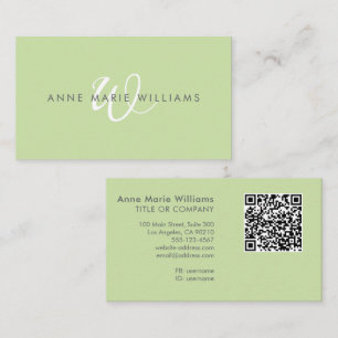 Moderner, hellgrüner, weißer Schriftmonogramm-QR-C Visitenkarte