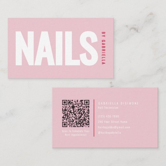 Moderner Hellrosa-Nagelsalon-QR-Code Visitenkarte (Vorne/Hinten)