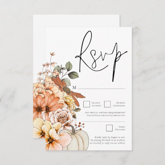 Moderner Herbst Florals Pumpkin QR Code RSVP Karte (Vorne/Hinten)