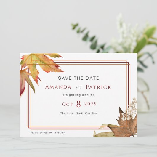 Moderner Herbst verlässt Gartenhochzeit Save The Date (Stehend Vorderseite)