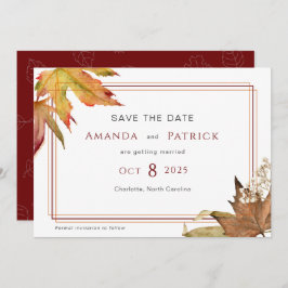 Moderner Herbst verlässt Gartenhochzeit Save The Date