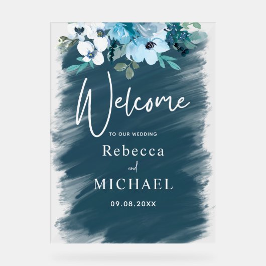 Moderner Hochzeitsempfang in weißem, bläulichem Bl Acrylschild (Vorderseite)