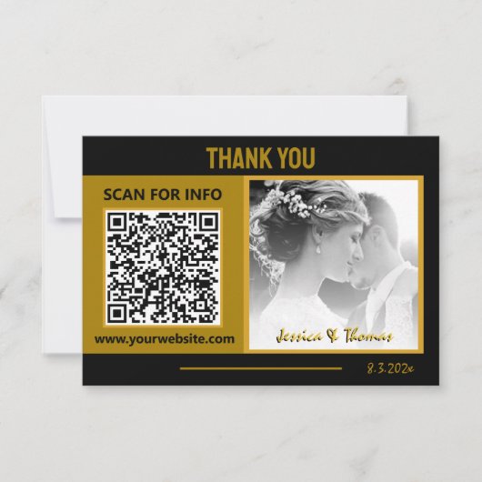 Moderner Hochzeitsstift, QR-Code, Foto, Black/Gold Dankeskarte (Vorderseite)
