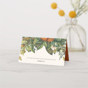 Moderner Hochzeitstisch Zitrusfrüchte Orangenblüte Platzkarte