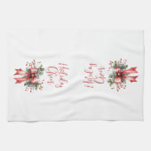 Moderner Holiday Cheer Script Red Bow Geschirrtuch (Horizontal)