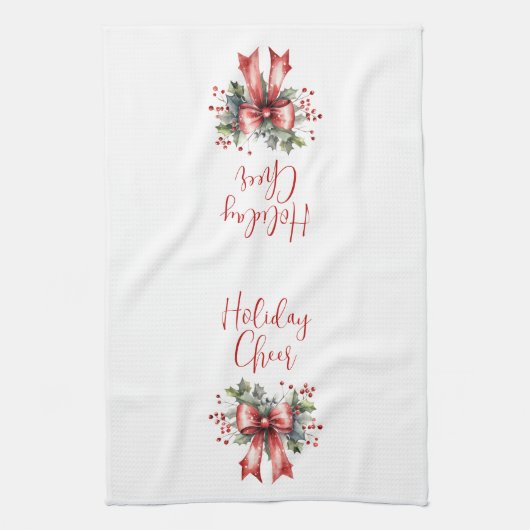 Moderner Holiday Cheer Script Red Bow Geschirrtuch (Vertikal)