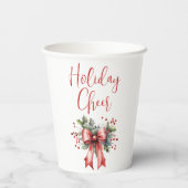 Moderner Holiday Cheer Script Red Bow Holly Pappbecher (Rückseite)