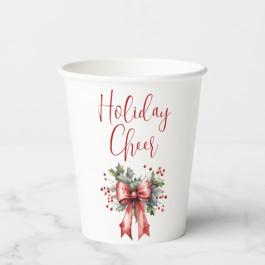 Moderner Holiday Cheer Script Red Bow Holly Pappbecher (Rückseite)