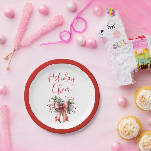 Moderner Holiday Cheer Script Red Bow Holly Pappteller (Party)