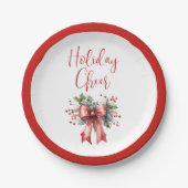 Moderner Holiday Cheer Script Red Bow Holly Pappteller (Vorderseite)