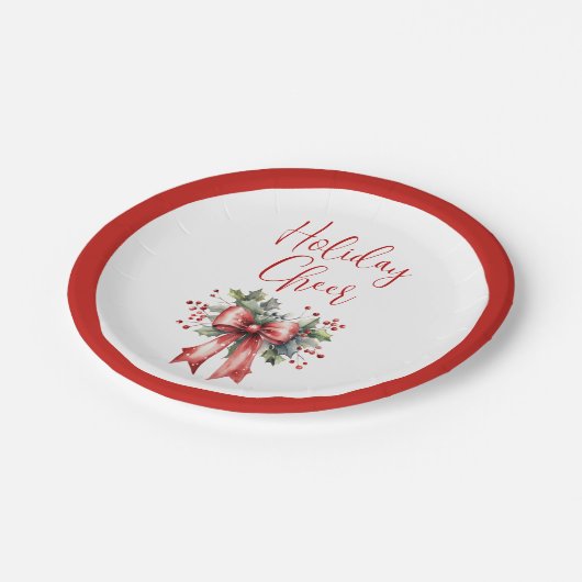 Moderner Holiday Cheer Script Red Bow Holly Pappteller (Schrägansicht)